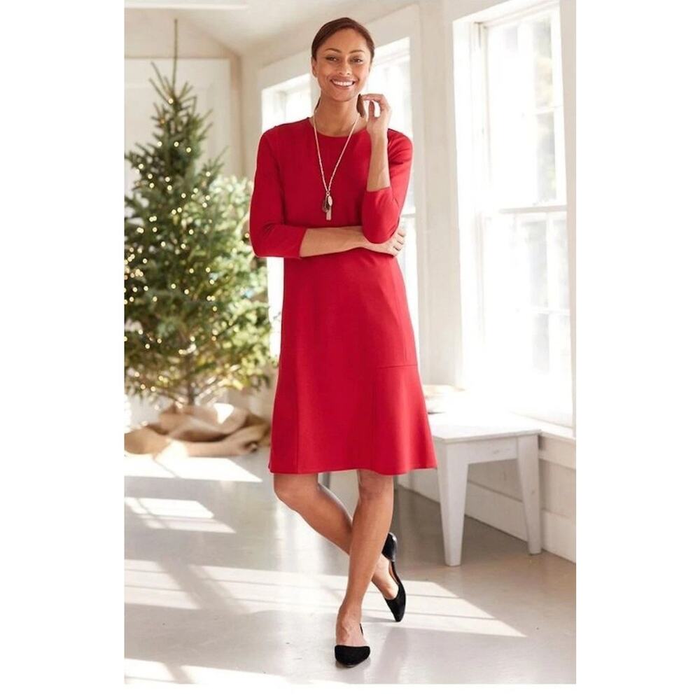 J. JILL Sz S Ponte Knit Women Red Pullover Shift Dress‎ 3/4 Sleeve Holiday Fall